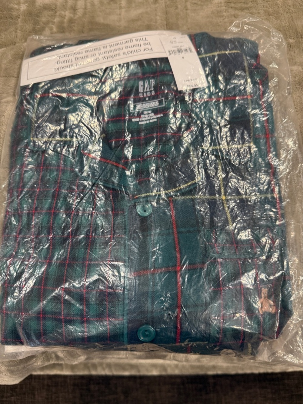 GAP Boys Green Plaid Pajama Set with Red and Yellow Accents